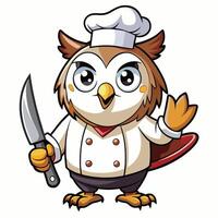an owl chef with a knife and fork white background vector