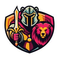 Armored warrior with lion, wielding a sword, protected by a shield vector