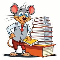 Animated mouse in business attire, surrounded by books on a desk vector