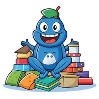 Blue character mascot sits atop a pile of assorted items vector