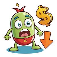 Cartoon character with surprised expression and falling dollar sign vector