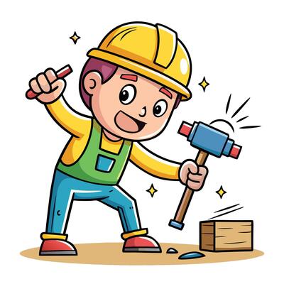 Cartoon child construction worker using a hammer on wood