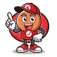 Cheerful mascot character in a red cap and sneakers, pointing with one hand and wearing a check mark vector