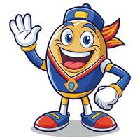 Cheerful, oval-shaped mascot character, waving, wearing a cap and uniform, with a happy expression vector