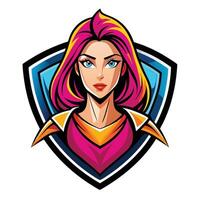 Colorful female character design with vibrant pink hair and shield vector