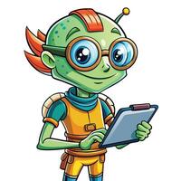 Cute alien using a tablet vector