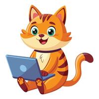 a cartoon cat sitting on a laptop computer white background vector