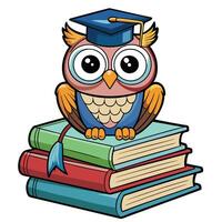 Cute owl graduate resting on a stack of colorful books vector