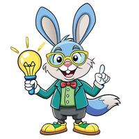 Cute rabbit character with a lightbulb, wearing glasses and a bowtie vector
