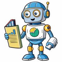 Cute robot holding a document with graphs and pie chart vector