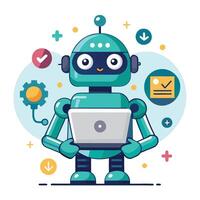 a robot holding a laptop and surrounded by icons vector