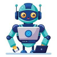 Cute robot working on a laptop vector