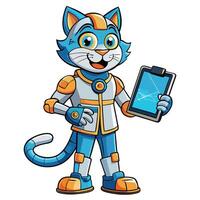 Cute robotic cat character holding a tablet vector