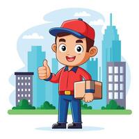 Delivery person with package in front of city buildings vector