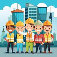 Diverse construction team collaborating in urban setting vector