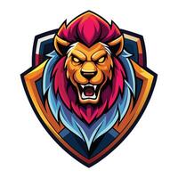Fierce lion emblem with vibrant colors and shield-like design vector