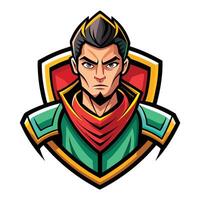 Fierce warrior character portrait, stylized graphic design with a shield emblem vector