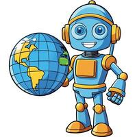 Friendly robot holding a globe vector