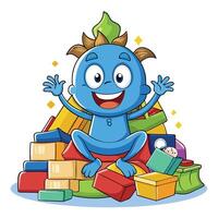 Happy cartoon character sits amidst a pile of colorful boxes vector