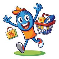 Happy cartoon character running with shopping cart and discount sign vector