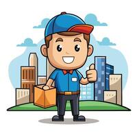 Happy delivery person with package in a city setting vector