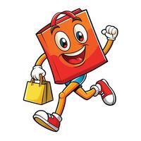 Happy shopping bag character running with shopping bag vector