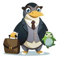 Penguin Businessman with briefcase and a small penguin vector