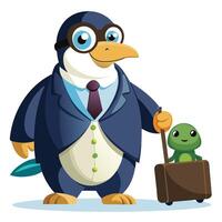 Penguin in a suit traveling with a small creature vector