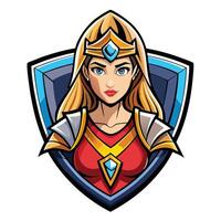 Powerful female warrior character, wearing a crown and armor, in a shield design vector
