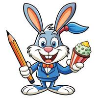 Rabbit in suit holding a pencil and popcorn vector