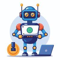 Smart robot with a laptop and coin vector