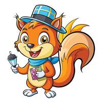 Smiling squirrel mascot holding a lantern and treats vector