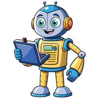 Smiling robot holding a laptop vector