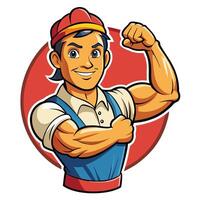 Strong worker flexing muscles vector