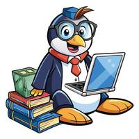 Studious Penguin with Laptop and Books vector