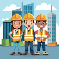 Three happy construction workers in a city setting vector