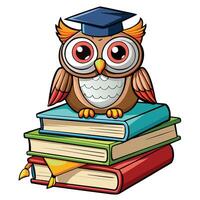 Wise owl with graduation cap sits atop a stack of books vector