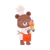 Smiling Bear Character Wearing Chef Uniform Holding Cake with Whipped Cream on the Tray Illustration vector