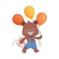 Smiling Bear Character in Playsuit Carrying Bunch of Balloons and Gift Box to Birthday Party Illustration vector