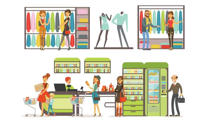 People Shopping in a Mall Collection, Male and Female Customers Buying Clothes and Groceries in Store Illustration