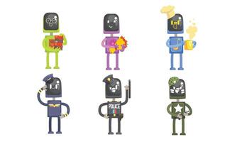 Robots of Different Professions Collection, Librarian, Florist, Cook, Pilot, Policeman, Soldier Illustration vector