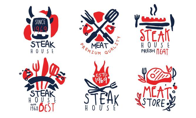Steak House Labels Collection, Fresh Meat Premium Quality Retro Hand Drawn Badges Illustration