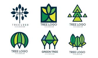 Tree Logo Templates Collection, Green Lined Badges, Abstract Organic Design Element Illustration vector