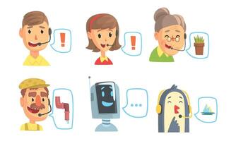 Funny Customers Support Phone Operators Set, Call Center Cartoon Characters with Headset Illustration vector
