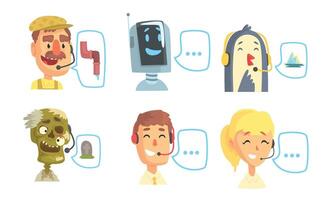 Funny Customers Support Phone Operators Set, Call Center Cartoon Characters with Headset Consulting People by Phone Illustration vector