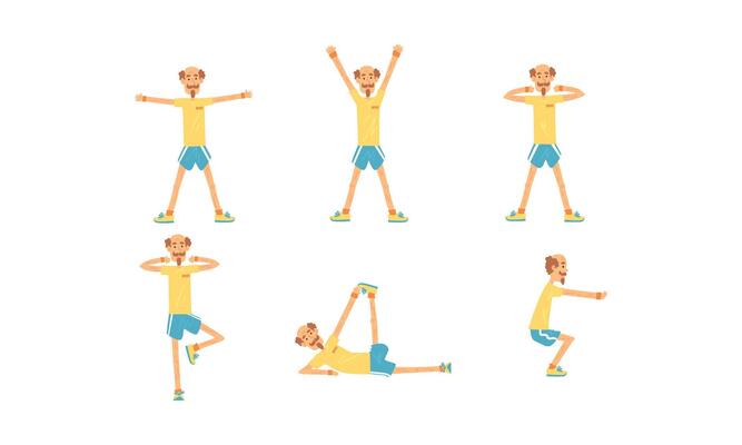 Cheerful Mature Man Doing Morning Exercises Collection, Aged Person Doing Sports, People Engaged in Sports Illustration