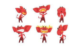 Cute Red Devil with Various Emotions and Actions Collection, Funny Demon Cartoon Character with Horns and Tail Illustration vector