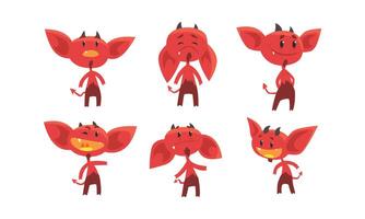 Cute Red Devil with Various Emotions and Actions Collection, Funny Demon Cartoon Character Illustration vector