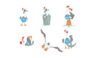 Seagull Sailor in Stripped Vest Collection, Funny Captain Bird Cartoon Character in Various Actions Illustration vector
