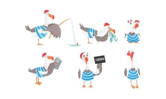 Funny Seagull Sailor Collection, Captain Bird Cartoon Character in Various Actions Illustration vector